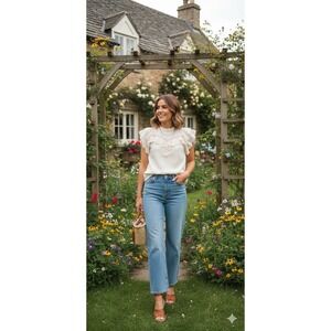 Ivory Swiss Dot Eyelet Ruffle Flutter Sleeve Mock Neck Top XXS Coquette Cottage